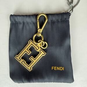 Fendi Men's Style Gold Metal Logo Statement Keychain Bag Charm w/ Dust Bag